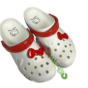 Crocs Hello Kitty Clogs White Red Blue‎ WOMEN SIZE 14, MEN 12 Slip On Shoes